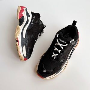 ✨Authentic BALENCIAGA Triple S Sneakers Leather Mesh Black White Red Size 36/6